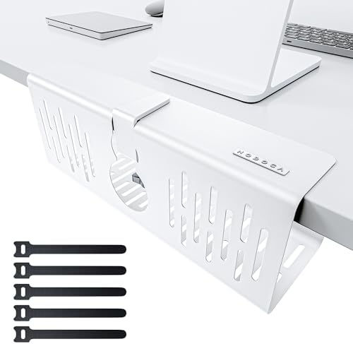 NODOCA No Drill Under Desk Cable Management Tray, 14'' Wire Management, Punch-Free Clamp on, Metal Cable Tray, Wire Organizer, Under Desk Basket for Office and Home, White by NODOCA