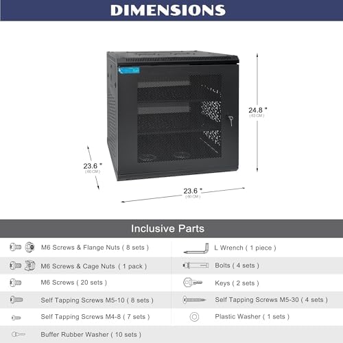 12U Wall Mount Server Cabinet with A Lockable Front Vented Door, Cooling Fans, Removable Side Panels - 60cm Depth, 19" Network Rack Including 2 PCS Full-Size Rack Shelves for IT Equipment - Image 2
