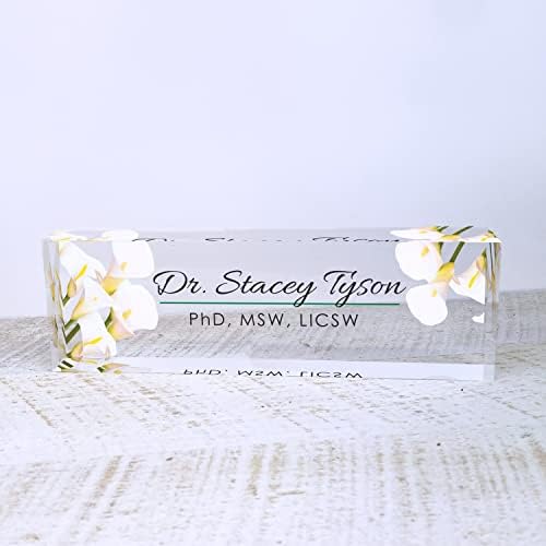 Artblox Office Desk Name Plate Personalized | Custom Name Plates for Desks | Calla Flowers Design On Clear Acrylic Glass | Office Desk Decor - (8" x 2.5") - Image 2