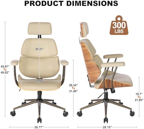 Mid Century Walnut PU Leather High Back Office Chair with Headrest, Beige - Image 2