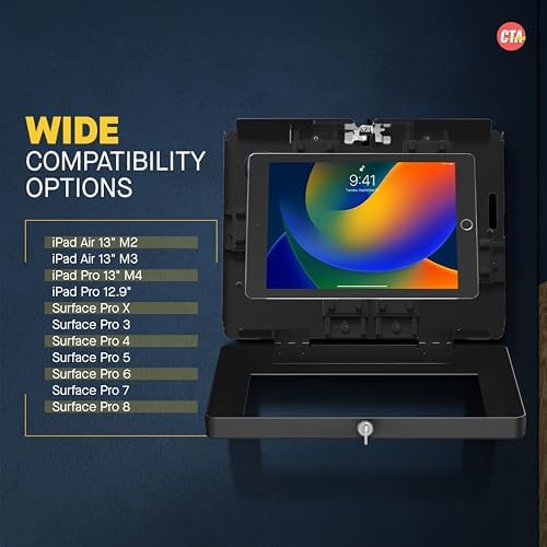 CTA Digital Locking iPad Wall Mount - CTA Anti-Theft Large Locking Tablet Enclosure w/ Key Lock and Interior Cable Routing for iPad Pro 12.9", Surface Pro 3, 4, 5, 6, 7, 8, X - Black - (PAD-PLWB) - Image 4
