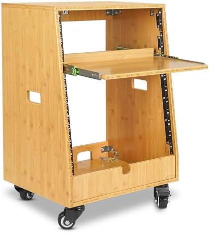 Sound Town DIY Solid Carbonized Bamboo Slanted 12U Studio Rack (4U Top + 8U Lower), with 2U Bottom Storage, Slide-Out Tray, Caster, For Recording Room, Home Studio (STBR-ST12T) by SOUNDTOWN