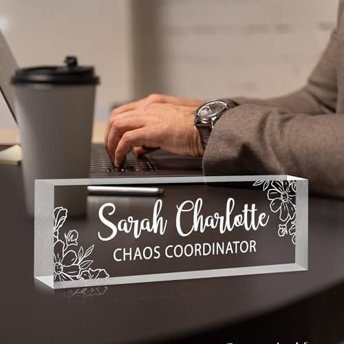 Custom Name Plate for Desk, Personalized Desk Name Plate on Clear Acrylic Glass, Appreciation Gifts for Teacher Employee Boss Coworkers Nurse, Office Desk Accessories for Women Men (Engraved Bloom) - Image 3