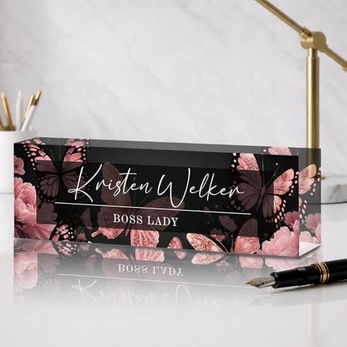 Personalized Name Plate for Desk Custom Desk Name Plate Acrylic Office Desk Accessories Decor for Women Teacher Nurse Boss Employee Appreciation Gifts for Mother Name Plates Butterfly Design by Feraurae