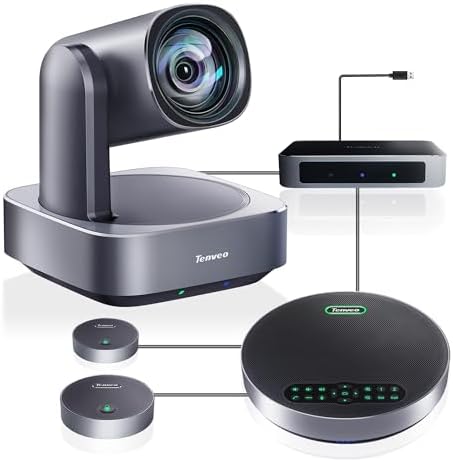 Tenveo 4K PTZ Conference Room Camera System, AI Auto-Tracking 12X Optical Zoom USB3.0 HDMI PTZ Camera and Bluetooth Speakerphone with 2 Expansion Mics Kit Wide Angle for Large Room Meetings by Tenveo