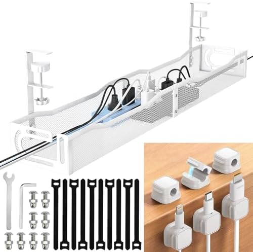 Cable Management Under Desk, 25.3'' No Drill Desk Cable Management Tray with Clamp, Metal Cord Organizer for Standing Desk, Computer Wire Management for Home Office & Gaming Setup, White by Unknown