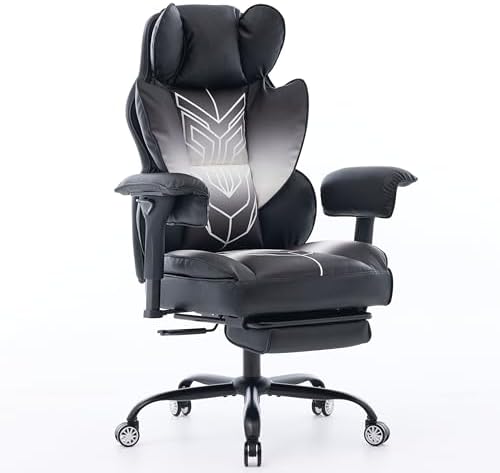 Big and Tall Gaming Office Chair 400lbs - Heavy Duty Ergonomic Computer Desk Chair with Footrest, Adjustable Armrests, High Back PU Leather with Racing Style (Black/White) by Unknown