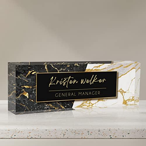 Desk Name Plate Personalized, Custom Name Plates for Desks, Office Desk Decor, Marble Design Clear Acrylic Glass Block, Personalized Office Gifts for Women Men Boss Teachers Coworker Appreciation Gift by SalaGraphics