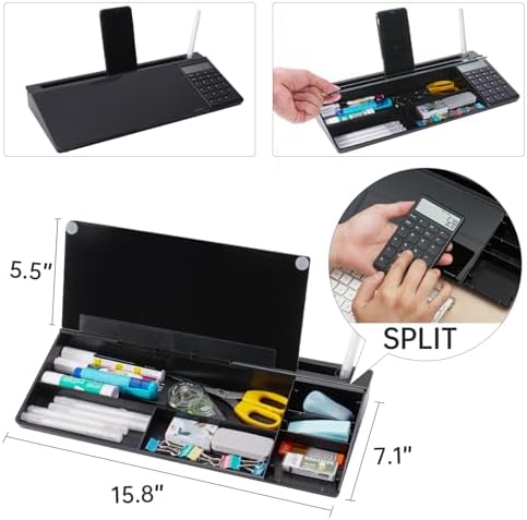 Small Glass Desktop Whiteboard Dry-Erase-Board - Computer Keyboard Stand with Calculator White Board Surface Pad with Drawer, Desk Organizers with Accessories for Office, Home, School Supplies - Black - Image 4
