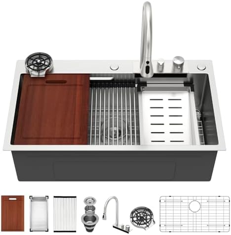 Sarlai 33 Waterfall Kitchen Sink 33"x22" Drop In Workstation Sink Topmount by Sarlai