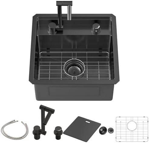 Sarlai Black Undermount Bar Sink With Foldable Faucet - 18x18 Inch Outdoor Black Kitchen Sink RV Workstation 16 Gauge Stainless Steel Single Bowl Handmade Outdoor BBQ Sinks with Lid by Sarlai