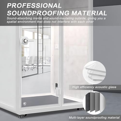 White Office Pod Booth (White Simple Appearance Design)(Reduce Noise by 25-35 Decibels)(Silent Fresh Air System) Soundproof Booth with Lighting,Universal Wheel for Study (59.05IN) - Image 4