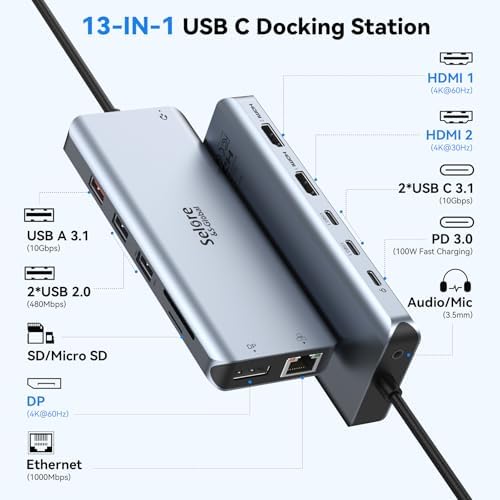 Selore USB C Docking Station Dual Monitor 13-in-1 Triple Monitor Hub - Image 2