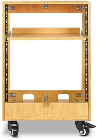 Sound Town DIY Solid Carbonized Bamboo Slanted 12U Studio Rack (4U Top + 8U Lower), with 2U Bottom Storage, Slide-Out Tray, Caster, For Recording Room, Home Studio (STBR-ST12T) - Image 2