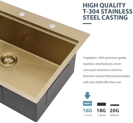 Lordear 33 Inch Drop In Kitchen Sink 33x22 Gold Single Bowl Workstation Stainless Steel 16 Gauge Handmade Topmount Kitchen Sinks with Cutting Board - Image 6