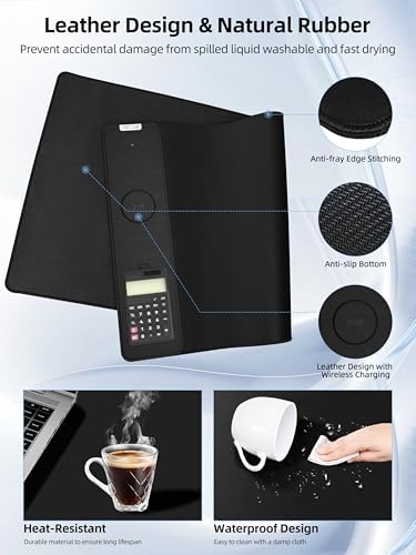 Mouse Pad 31.5x15.75 Inch with Calculator, 15W Magnetic Wireless Charging Desk Mat, XXL Desk Pad, Home Office Large Keyboard Pad with Ultra-Smooth Surface, Non-Slip Base (Black with 20W PD Charger) - Image 5