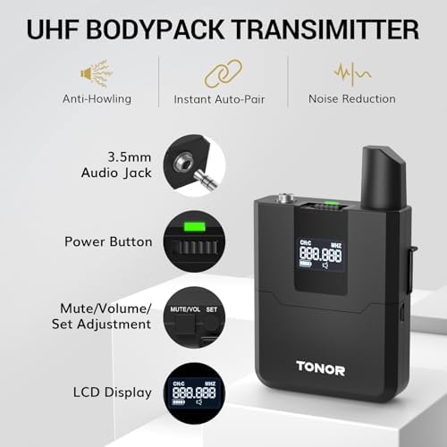 TONOR Wireless Mic System, Headset/Lavalier Lapel Mics, 0 m/295ft UHF Range - Image 3