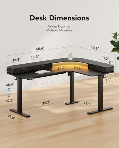 HUANUO 65″ L Shaped Standing Desk with 3 Drawers, Adjustable, Black - Image 2