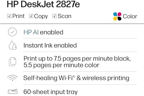 HP DeskJet 2827e Wireless All-in-One Color Inkjet Printer, Scanner, Copier, Best-for-Home, 3 Month Instant Ink Trial Included, AI-Enabled (6W7F5A) - Image 2