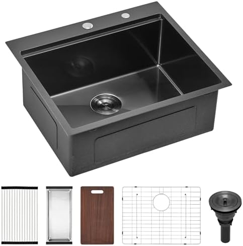 25 Black Drop in Workstation Kitchen Sink, Scamall 25x22x10 In Black Stainless Steel Kitchen Sink with Workstation 16 Gauge Topmount Sink Single Bowl 10 Deep with Accessories by Scamall