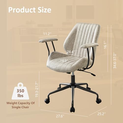 Mid Back Home Office Chair, Mid Century Modern Executive Chair, Comfy Ergonomic Rolling Office Desk Chair with Lumbar Support, Faux Leather Office Chair, Beige - Image 2