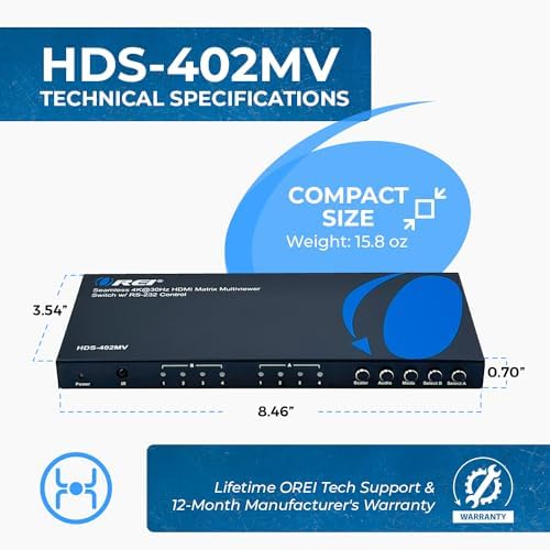 OREI 4x2 Quad Multi HDMI Viewer 4K Downscale RS-232 IR 3.5mm/Analog OSD - Image 5
