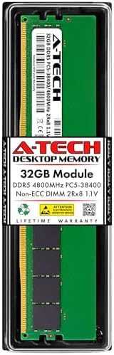 A-Tech 32GB DDR5 4800MHz PC5-38400 CL40 UDIMM 2Rx8 Dual Rank 1.1V Non-ECC Unbuffered DIMM 288-Pin Desktop PC/Computer RAM Memory Upgrade Module by A-TechComponents