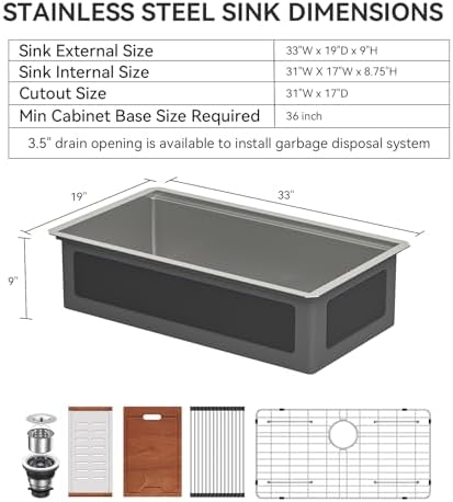 Lordear 33 Inch Undermount Kitchen Sink Honeycomb Finish 16 Gauge Stainless Steel Single Bowl Workstation Sinks Scratch Resistant Handmade Under Counter Sink Basin - Image 4