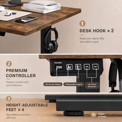 Grandder 55x32 Extra-Deep Electric Standing Desk, Wide Desktop Fits 49" Ultrawide Monitor+Dual Screens, 176 lbs Capacity, 2 Memory Presets, Computer Desk for Home Office & Gaming, Rustic Brown - Image 7