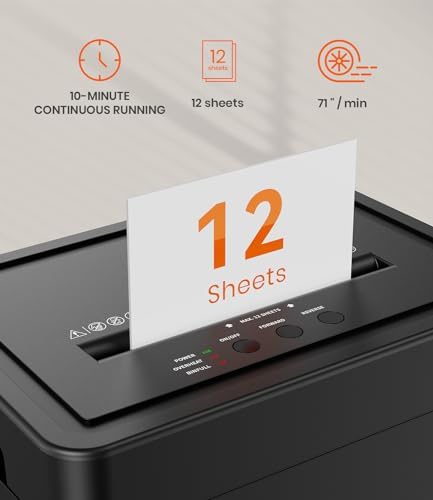Frossvt Heavy Duty Paper Shredder Micro-Cut High Security Level P-4/12 Sheets 10-Minutes Running Time/AUTO Reverse/ 5.3-Gallon Pull Out Bin, Anti-Jam & Quiet Shredder for Office Home - Image 3