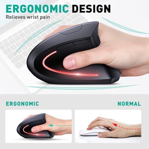 JYKEYMOUT Bluetooth and 2.4G (2-in-1) Rechargeable Wireless Mouse, Ergonomic Vertical Design, 1000/1200/1600 DPI, 6 Silent Buttons, for Laptop, Computer, PC, MacBook, Chromebook-Black - Image 3