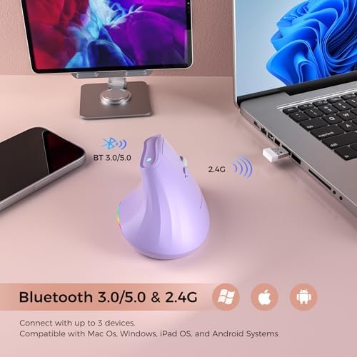 KYSONA 57° Wireless Ergonomic Mouse, Vertical Mouse, Carpal Tunnel Mouse, RGB Light, Rechargeable, Bluetooth & 2.4G, 5-level DPI Adjustment, Quiet Click Ergo Mice Compatible with PC/Laptop/Mac, Purple - Image 3