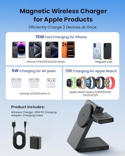 Magnetic Wireless Charging Station for Apple: Upgraded QI2 Certified 15W 3-in-1 Magsafe Wireless Charger Stand, Foldable Travel Fast Charger for iPhone 17 16 15 14 13 12 Series, Apple Watch, AirPods - Image 2