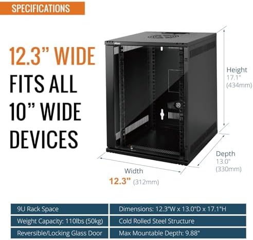 Tecmojo 9U 10 inch Rack, Wall Mount Network Cabinet Set,12.3W x 13D x 17.1H- Load Capacity 110Lbs(50 kg),Black 10" Wall Housing Server Rack Set - Image 2