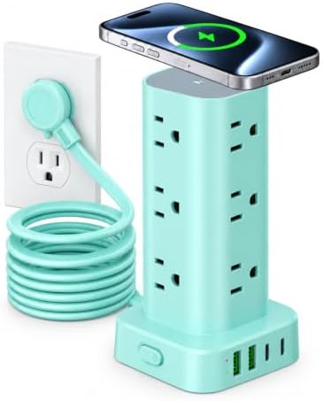 Power Strip Tower with Wireless Charger, Flat Plug Surge Protector Tower with 6FT Extension Cord, 12 AC Multiple Outlets, 4 USB (2 USB C),15W Wireless Charging Power Tower for Home Office Dorm, Blue by Unknown