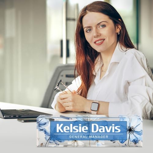 Custom Name Plate for Desk - Personalized Gifts Acrylic Name Plate for Women Men - Office Decor Gifts for Coworkers, Boss, Employees, Teacher, Social Worker (Blue Flower) - Image 2