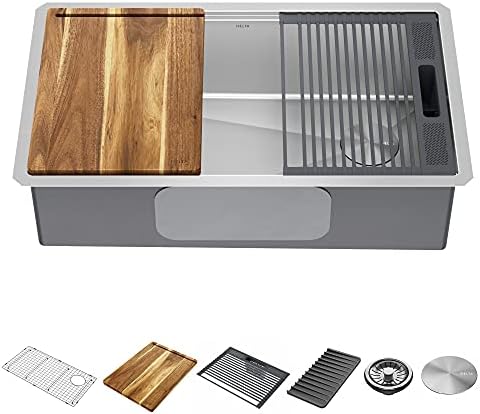 DELTA FAUCET 95B932-32S-SS Lorelai Workstation Kitchen Sink Undermount Stainless Steel Single Bowl with WorkFlow Ledge and Chef’s Kit of 6 Accessories by Unknown