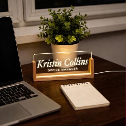 Personalized Light Up Acrylic Desk Name Plate - Custom Name Plate for Desk with Walnut Wood Base - Appreciation Office Gifts for Employees, Teacher, Social Worker (engraving) - Image 5