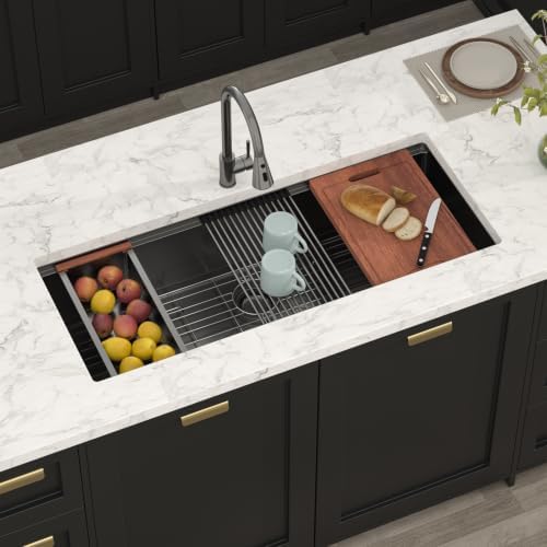 Lordear Luxury 45 Black Undermount Kitchen Sink NANO PVD Large Ledge Workstation T304 16 Gauge Stainless Steel Single Bowl Under Counter, 45''x19''x10'' - Image 3