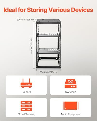 VEVOR 20U Open Frame Network Rack, 23 in Depth, Wall Mounted or Floor Standing Server Rack, Heavy Duty 4 Post, with Vented Shelves & Mounting Hardware, Holds All Your Networking IT Equipment AV Gear - Image 4