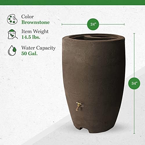 Algreen Plastic Rain Barrel, 50 Gallon Drum - Rainwater Tank w/Brass Spigot & Screen Guard for Rain Water Collection & Storage - Athena, Brownstone - Image 3