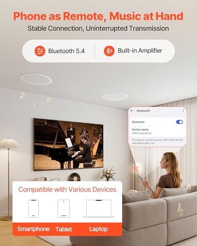 VEVOR Bluetooth Ceiling Speakers, 8", in Ceiling & in-Wall Speaker System with Amplifier, 2-Way Flush Mount Speakers, for Damp Humid Placement, Home Theater, Living Room, or Covered Patio, 1 Pair - Image 3