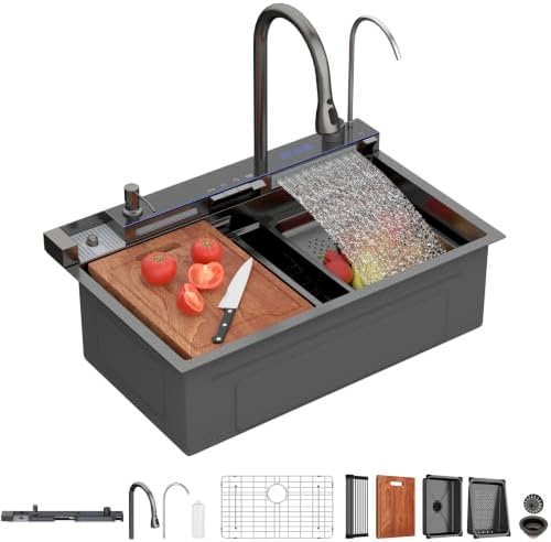 Lordear 30 Inch Black Drop In Smart Kitchen Sink with Waterfall Faucet by LORDEAR