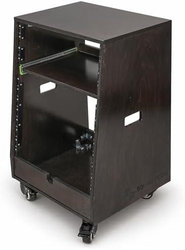 Sound Town DIY Slanted 12U Studio Rack (4U Top + 8U Lower) with 2U Bottom Storage, Slide-Out Tray, Casters, for Home Studio and Recording Room, Birch Plywood, Black Espresso (SDRK-ST12TD) - Image 2
