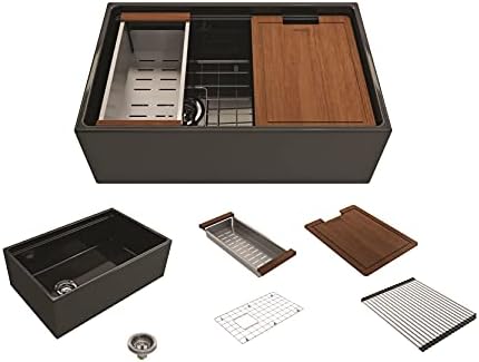 BOCCHI Contempo Workstation Apron Front Step Rim Fireclay 30 in. Single Bowl Kitchen Sink with Accessories in Black by BOCCHIKitchenandBath