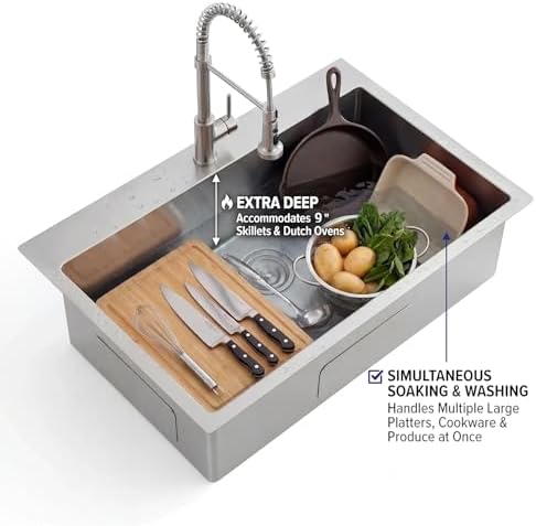 VAPSINT 33x22 Drop In Kitchen Sink, 33 Inch Stainless Steel Top Mount Single Bowl Sink for Kitchen, Overmount Handmade 16 Gauge Brushed Nickel RV Laundry Prep Sinks with Drain - Image 4