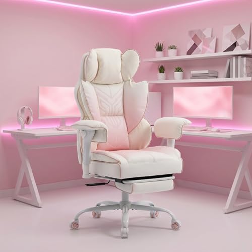Big and Tall Gaming Office Chair 400lbs - Heavy Duty Ergonomic Computer Desk Chair with Footrest, Adjustable Armrests, High Back PU Leather with Racing Style (White/Pink) by Unknown