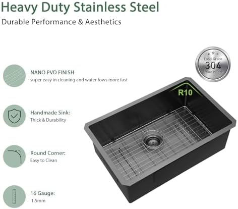 28 Inch Black Undermount 16 Gauge Stainless Steel Kitchen Sink - Image 3
