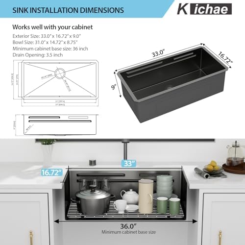 Kichae 32 x 17 Undermount Kitchen Sink Stainless Steel 16 Gauge Workstation - Image 7