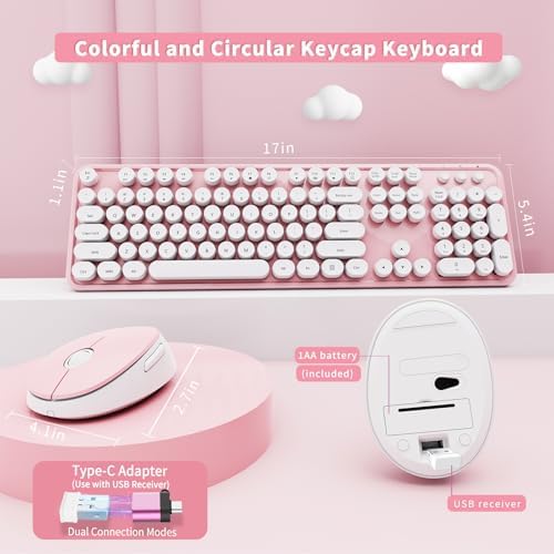 Wireless Keyboard and Mouse Combo, Ergonomic Full Size Typewriter Retro Round Keycaps Keyboard, Compatible with Windows, PC, Perfer for Home and Office Keyboards (Lovely Pink) - Image 5